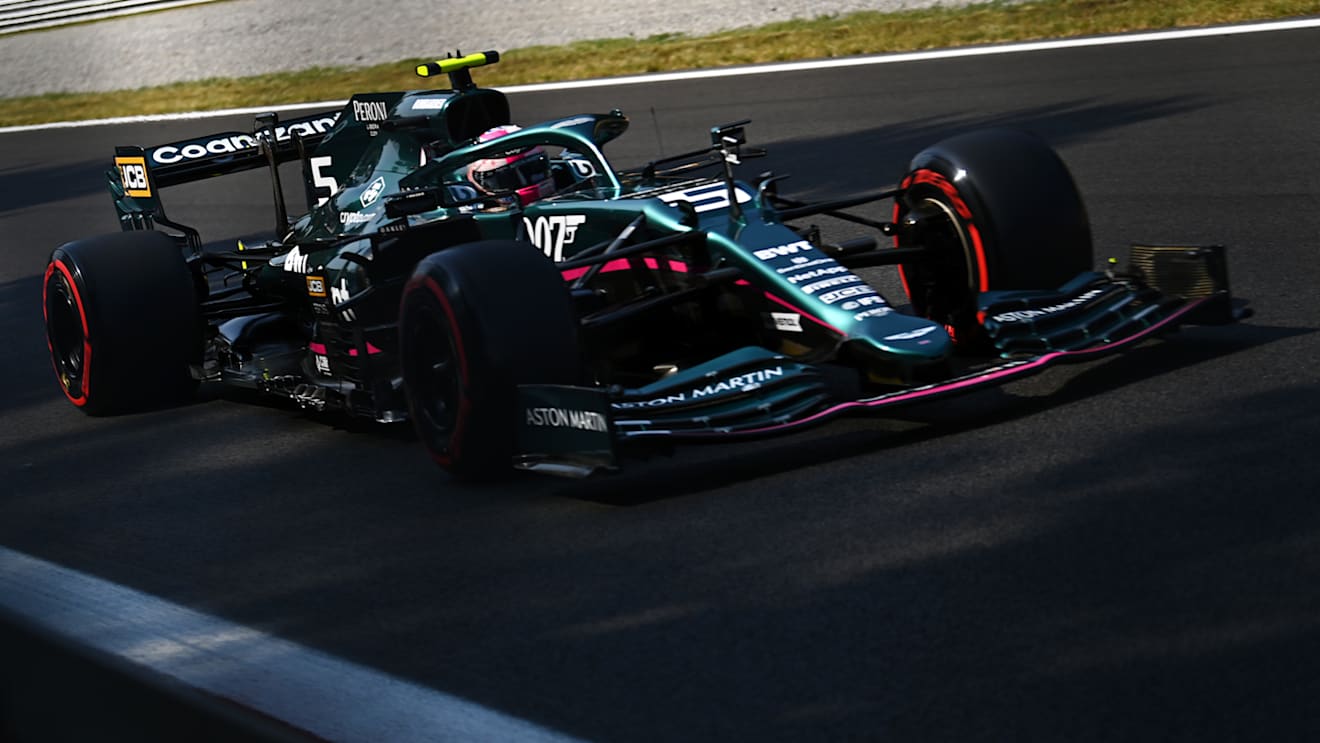 MONZA, ITALY - SEPTEMBER 11: Sebastian Vettel of Germany driving the (5) Aston Martin AMR21 Mercedes during practice ahead of the F1 Grand Prix of Italy at Autodromo di Monza on September 11, 2021 in Monza, Italy. (Photo by Clive Mason - Formula 1/Formula 1 via Getty Images)