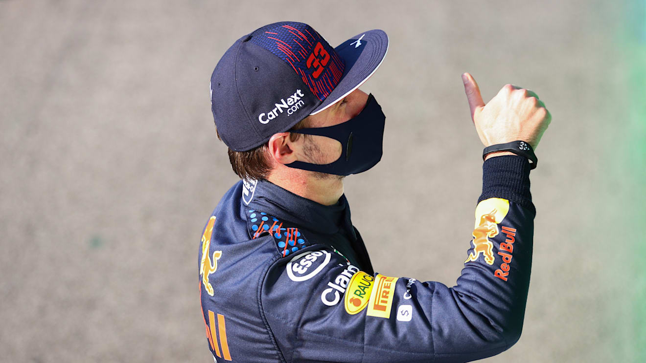 MONZA, ITALY - SEPTEMBER 11: Second place finisher Max Verstappen of Netherlands and Red Bull Racing celebrates in parc ferme during the Sprint ahead of the F1 Grand Prix of Italy at Autodromo di Monza on September 11, 2021 in Monza, Italy. (Photo by Bryn Lennon/Getty Images)
