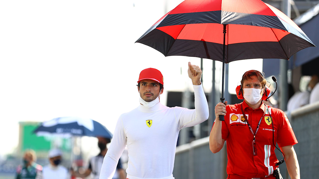 MONZA, ITALY - SEPTEMBER 11: Carlos Sainz of Spain and Ferrari prepares to drive on the grid during the Sprint ahead of the F1 Grand Prix of Italy at Autodromo di Monza on September 11, 2021 in Monza, Italy. (Photo by Bryn Lennon/Getty Images)