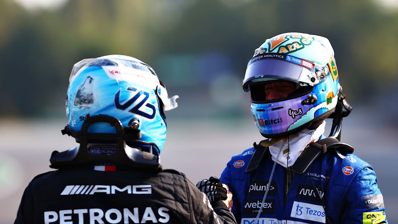 MONZA, ITALY - SEPTEMBER 11: Winner Valtteri Bottas of Finland and Mercedes GP talks with third place finisher Daniel Ricciardo of Australia and McLaren F1 during the Sprint ahead of the F1 Grand Prix of Italy at Autodromo di Monza on September 11, 2021 in Monza, Italy. (Photo by Dan Istitene - Formula 1/Formula 1 via Getty Images)