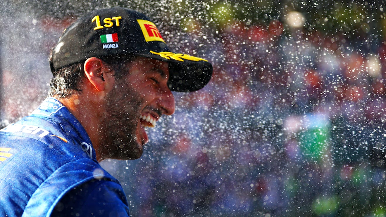 MONZA, ITALY - SEPTEMBER 12: Race winner Daniel Ricciardo of Australia and McLaren F1 celebrates on the podium during the F1 Grand Prix of Italy at Autodromo di Monza on September 12, 2021 in Monza, Italy. (Photo by Dan Istitene - Formula 1/Formula 1 via Getty Images)