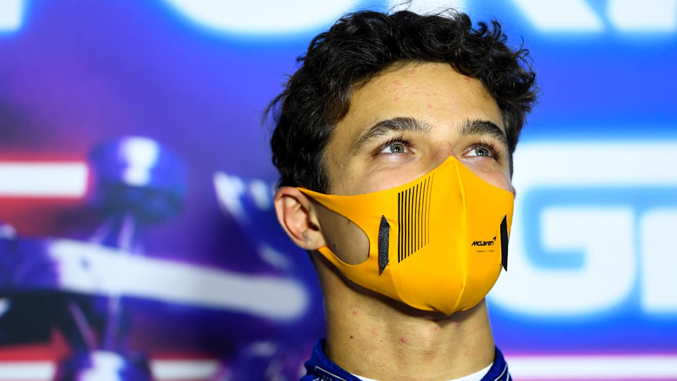 MONZA, ITALY - SEPTEMBER 12: Second placed Lando Norris of Great Britain and McLaren F1 talks in the press conference after the F1 Grand Prix of Italy at Autodromo di Monza on September 12, 2021 in Monza, Italy. (Photo by Rudy Carezzevoli/Getty Images)