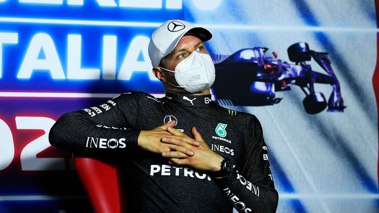 MONZA, ITALY - SEPTEMBER 12: Third placed Valtteri Bottas of Finland and Mercedes GP talks in the press conference after the F1 Grand Prix of Italy at Autodromo di Monza on September 12, 2021 in Monza, Italy. (Photo by Rudy Carezzevoli/Getty Images)