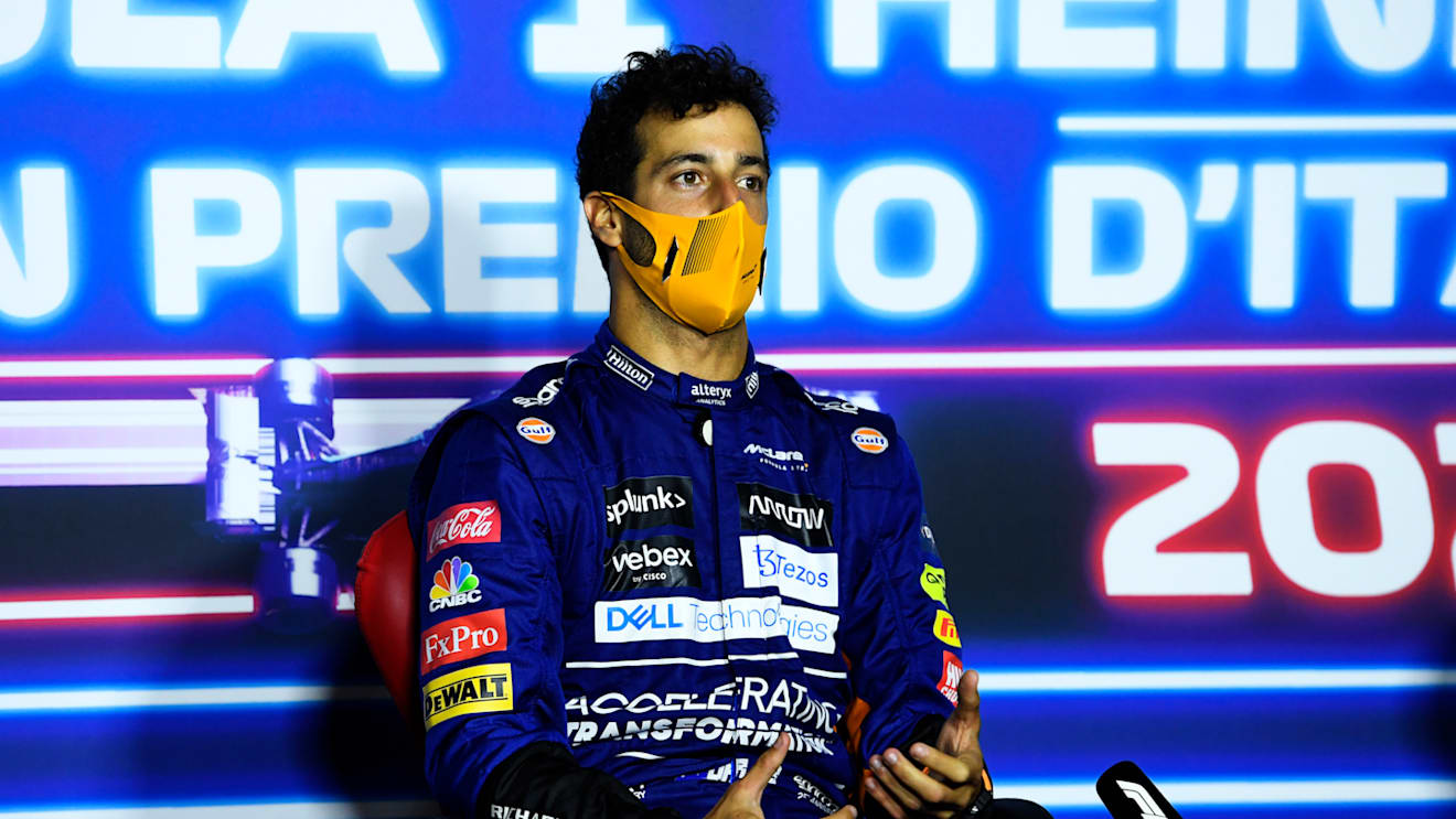 MONZA, ITALY - SEPTEMBER 12: Race winner Daniel Ricciardo of Australia and McLaren F1 talks in the press conference after the F1 Grand Prix of Italy at Autodromo di Monza on September 12, 2021 in Monza, Italy. (Photo by Rudy Carezzevoli/Getty Images)