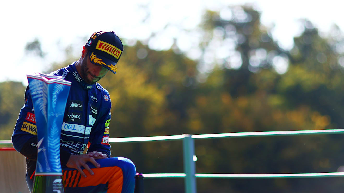 MONZA, ITALY - SEPTEMBER 12: Race winner Daniel Ricciardo of Australia and McLaren F1 celebrates on the podium during the F1 Grand Prix of Italy at Autodromo di Monza on September 12, 2021 in Monza, Italy. (Photo by Dan Istitene - Formula 1/Formula 1 via Getty Images)