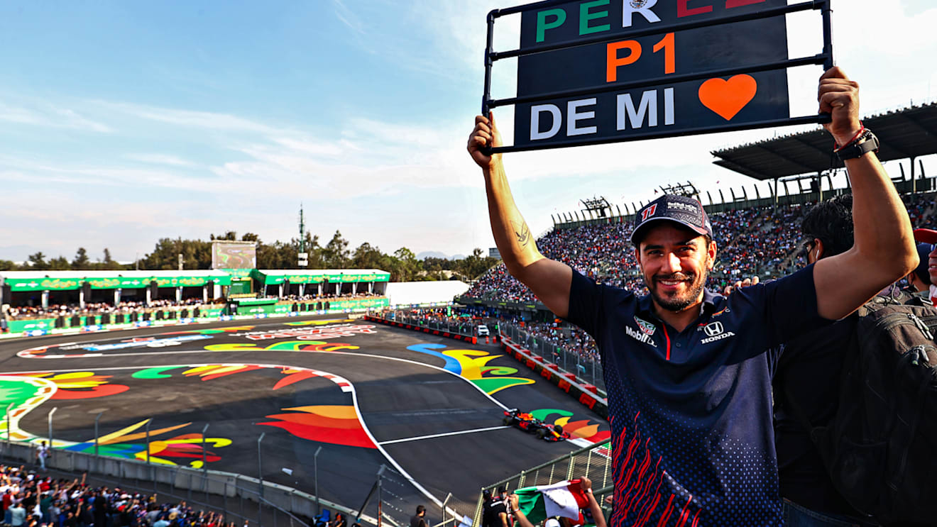 MEXICO CITY, MEXICO - NOVEMBER 05: A Sergio Perez of Mexico and Red Bull Racing fan shows their support in the grandstand during practice ahead of the F1 Grand Prix of Mexico at Autodromo Hermanos Rodriguez on November 05, 2021 in Mexico City, Mexico. (Photo by Mark Thompson/Getty Images)