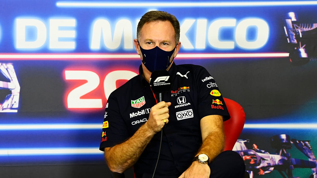 MEXICO CITY, MEXICO - NOVEMBER 05: Red Bull Racing Team Principal Christian Horner talks in the Team Principals Press Conference during practice ahead of the F1 Grand Prix of Mexico at Autodromo Hermanos Rodriguez on November 05, 2021 in Mexico City, Mexico. (Photo by Mark Sutton - Pool/Getty Images)