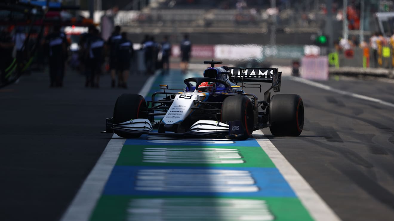 MEXICO CITY, MEXICO - NOVEMBER 06: George Russell of Great Britain driving the (63) Williams Racing FW43B Mercedes in the Pitlane during final practice ahead of the F1 Grand Prix of Mexico at Autodromo Hermanos Rodriguez on November 06, 2021 in Mexico City, Mexico. (Photo by Bryn Lennon - Formula 1/Formula 1 via Getty Images)