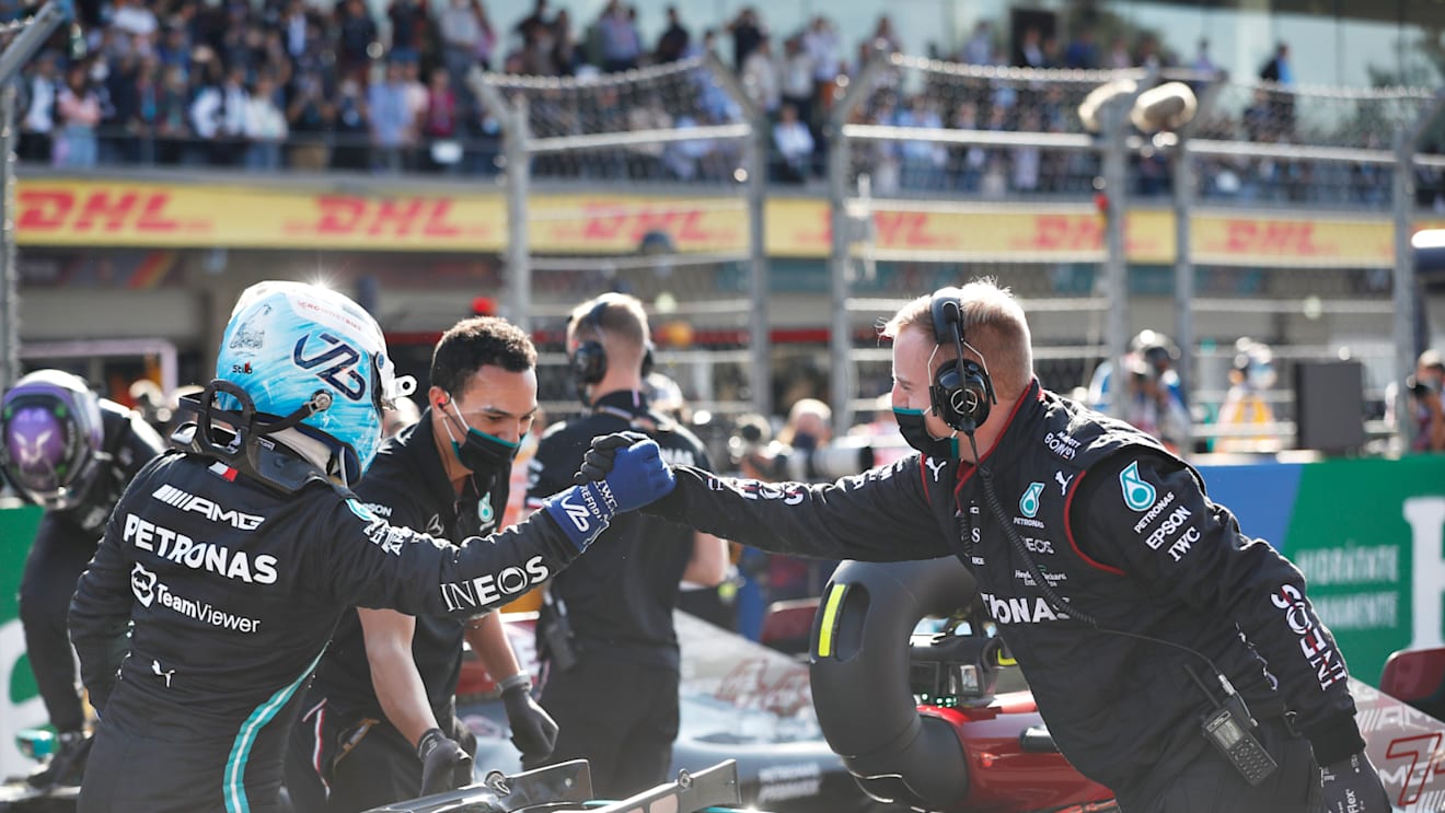 MEXICO CITY, MEXICO - NOVEMBER 06: Pole position qualifier Valtteri Bottas of Finland and Mercedes GP celebrates in parc ferme during qualifying ahead of the F1 Grand Prix of Mexico at Autodromo Hermanos Rodriguez on November 06, 2021 in Mexico City, Mexico. (Photo by Francisco Guasco - Pool/Getty Images)