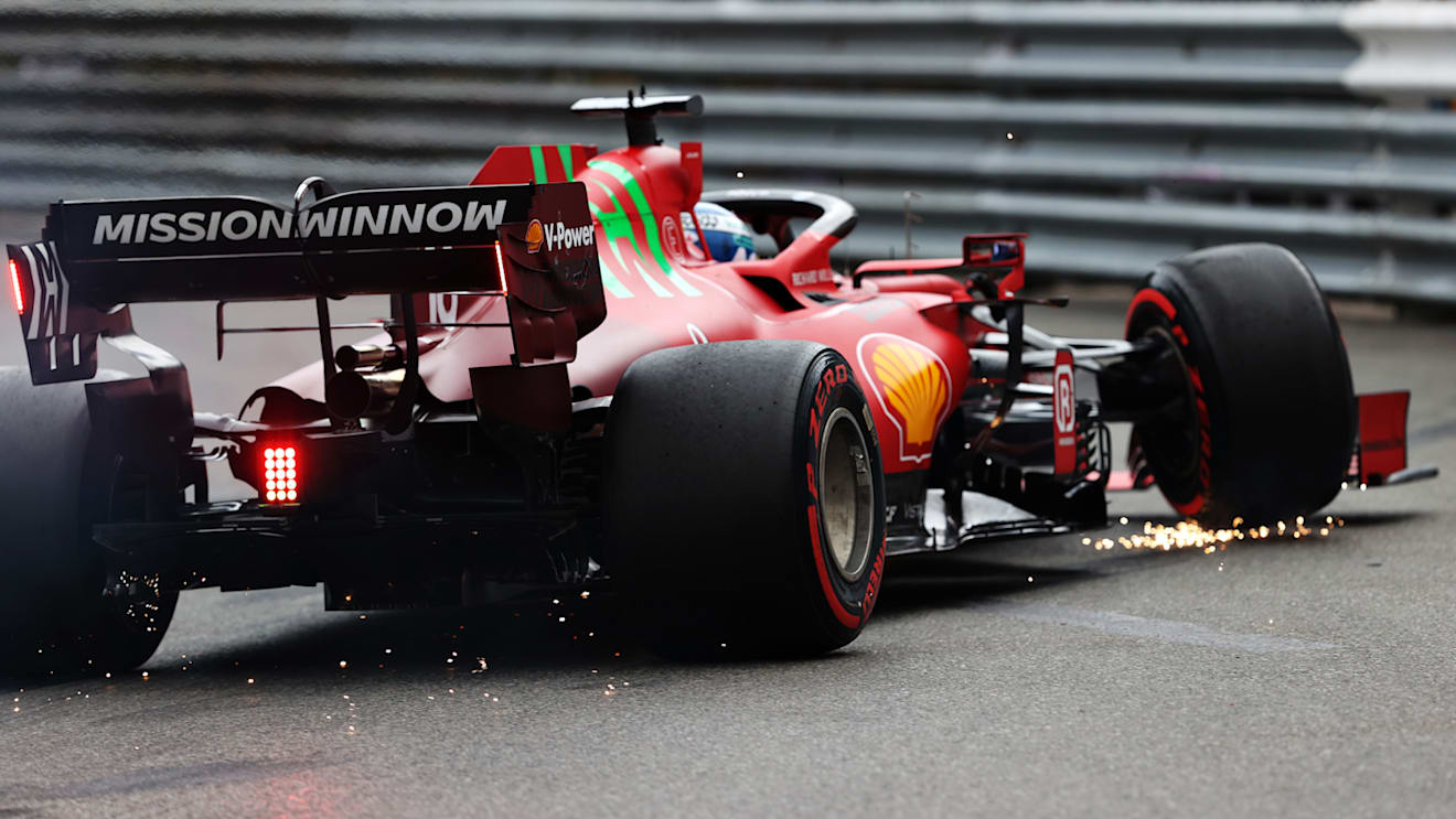MONTE-CARLO, MONACO - MAY 22: Pole position qualifier Charles Leclerc of Monaco and Ferrari crashes during qualifying for the F1 Grand Prix of Monaco at Circuit de Monaco on May 22, 2021 in Monte-Carlo, Monaco. (Photo by Clive Rose - Formula 1/Formula 1 via Getty Images)