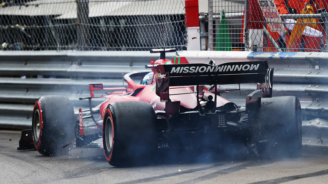 MONTE-CARLO, MONACO - MAY 22: Pole position qualifier Charles Leclerc of Monaco and Ferrari crashes during qualifying for the F1 Grand Prix of Monaco at Circuit de Monaco on May 22, 2021 in Monte-Carlo, Monaco. (Photo by Clive Rose - Formula 1/Formula 1 via Getty Images)