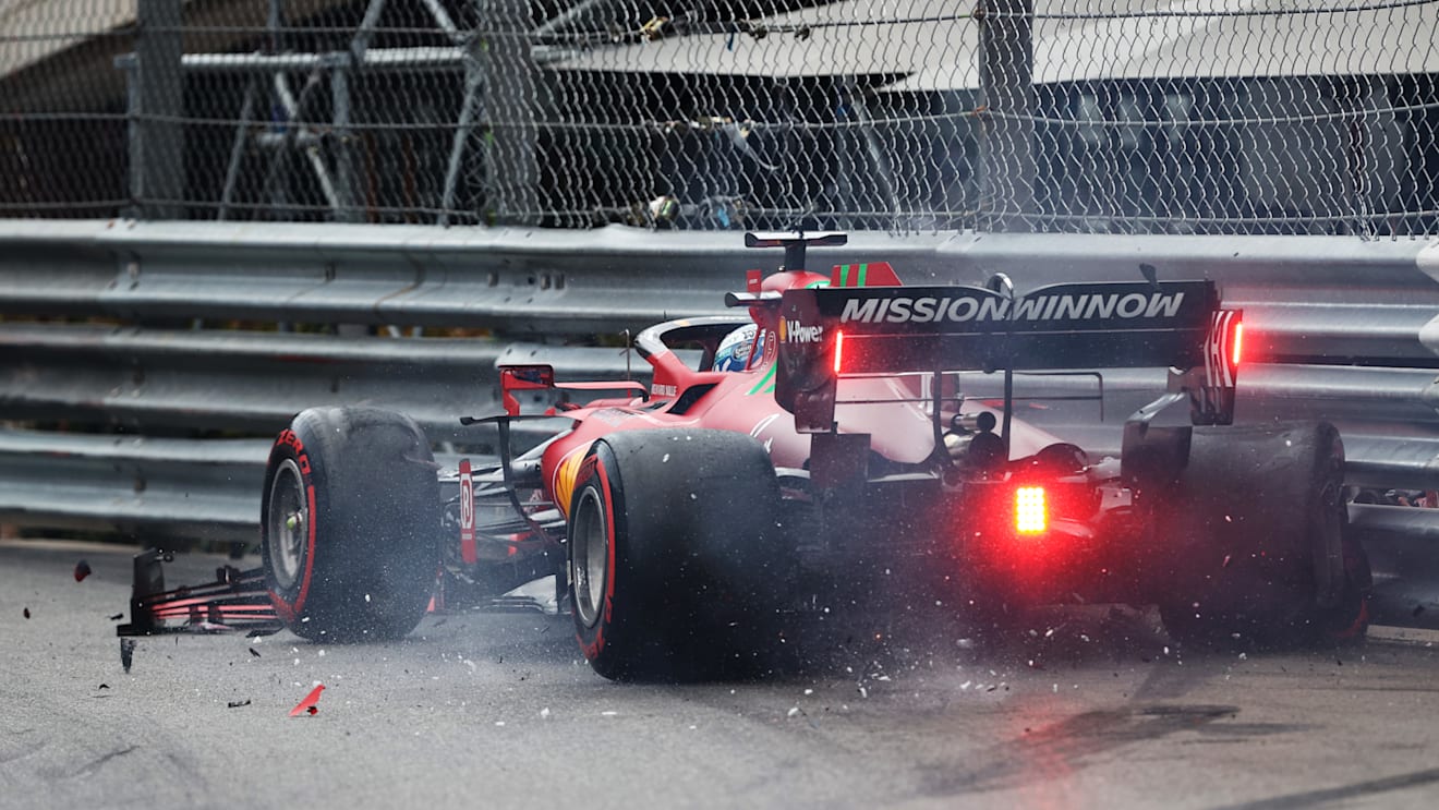 MONTE-CARLO, MONACO - MAY 22: Pole position qualifier Charles Leclerc of Monaco and Ferrari crashes during qualifying for the F1 Grand Prix of Monaco at Circuit de Monaco on May 22, 2021 in Monte-Carlo, Monaco. (Photo by Clive Rose - Formula 1/Formula 1 via Getty Images)