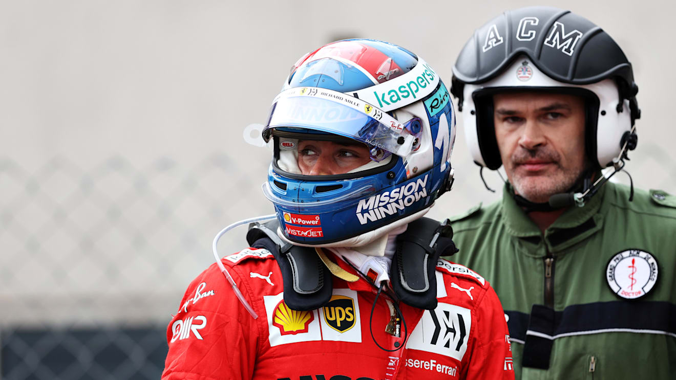 MONTE-CARLO, MONACO - MAY 22: Pole position qualifier Charles Leclerc of Monaco and Ferrari walks from his car after crashing during qualifying for the F1 Grand Prix of Monaco at Circuit de Monaco on May 22, 2021 in Monte-Carlo, Monaco. (Photo by Clive Rose - Formula 1/Formula 1 via Getty Images)