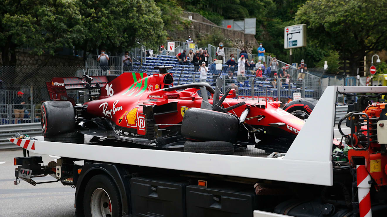 MONTE-CARLO, MONACO - MAY 22: The car of Charles Leclerc of Monaco and Ferrari is seen on the back of a recovery truck after crashing on track during qualifying prior to the F1 Grand Prix of Monaco at Circuit de Monaco on May 22, 2021 in Monte-Carlo, Monaco. (Photo by Sebastien Nogier - Pool/Getty Images)