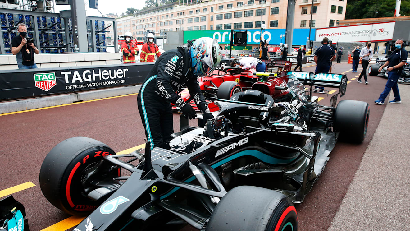 MONTE-CARLO, MONACO - MAY 22: Third placed qualifier Valtteri Bottas of Finland and Mercedes GP climbs out of his car in parc ferme after qualifying prior to the F1 Grand Prix of Monaco at Circuit de Monaco on May 22, 2021 in Monte-Carlo, Monaco. (Photo by Sebastien Nogier - Pool/Getty Images)
