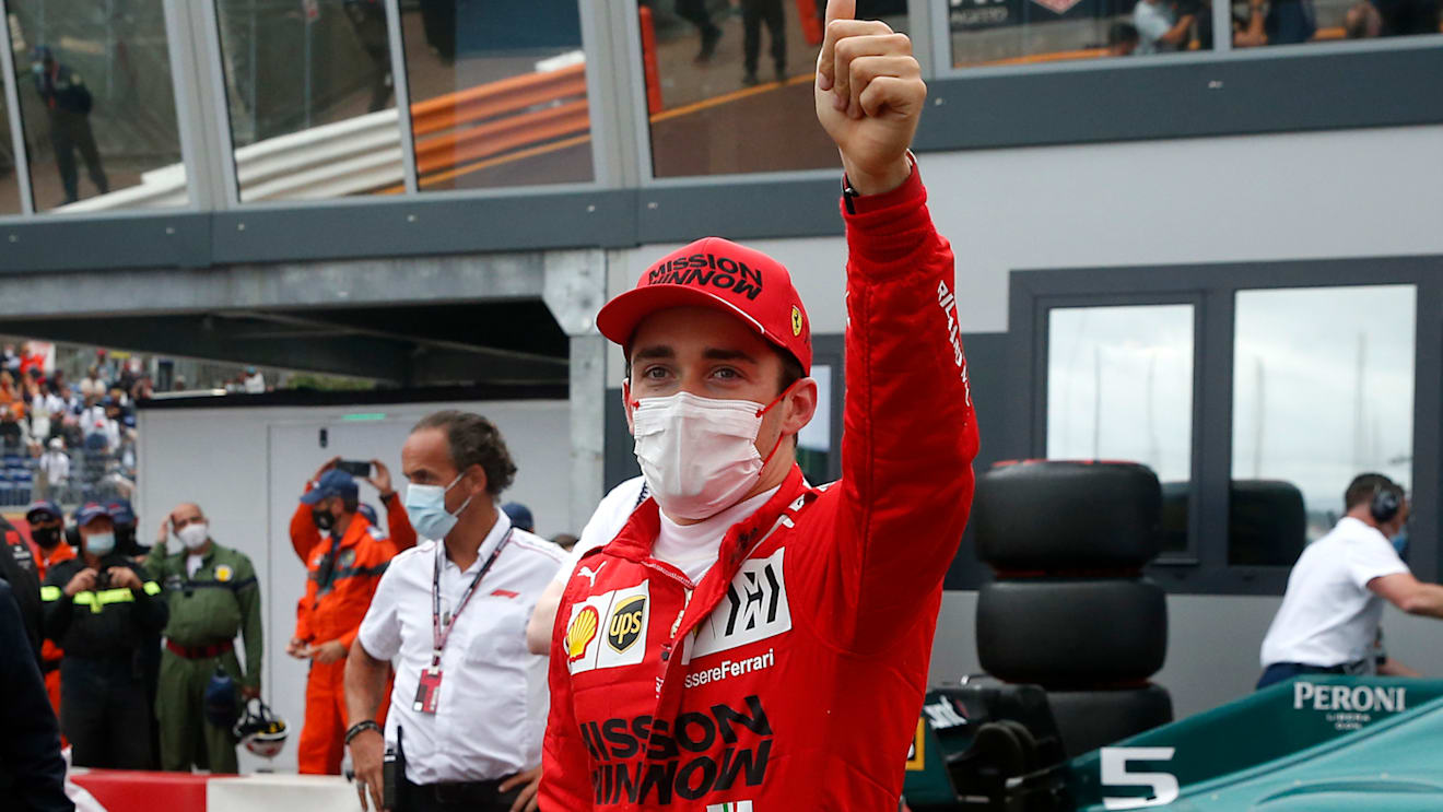 MONTE-CARLO, MONACO - MAY 22: Pole position qualifier Charles Leclerc of Monaco and Ferrari celebrates in parc ferme during qualifying prior to the F1 Grand Prix of Monaco at Circuit de Monaco on May 22, 2021 in Monte-Carlo, Monaco. (Photo by Sebastien Nogier - Pool/Getty Images)