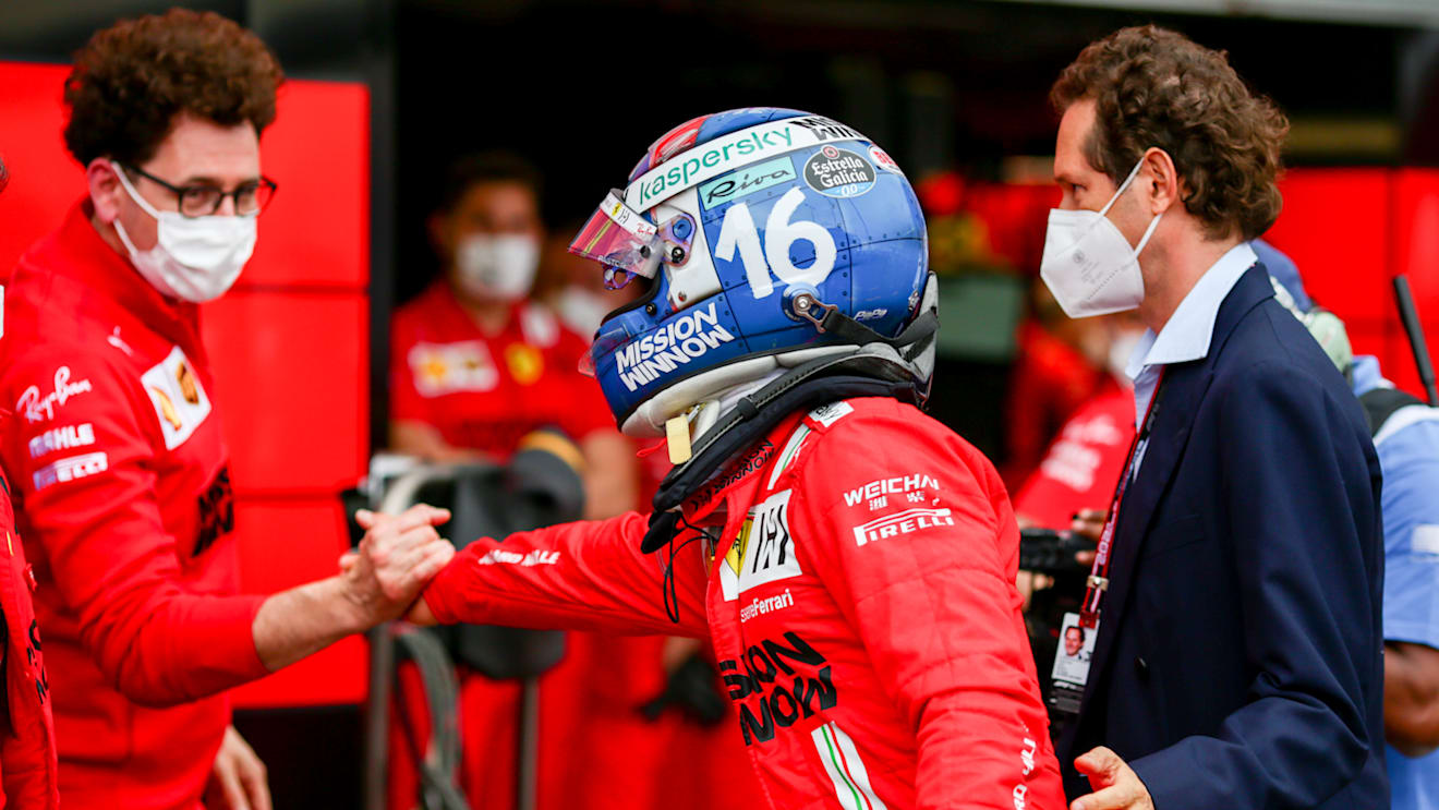 MONTE-CARLO, MONACO - MAY 22: Charles Leclerc of Ferrari and France is congratulated by Mattia Binotto of Italy and Ferrari during practice/qualifying ahead of the F1 Grand Prix of Monaco at Circuit de Monaco on May 22, 2021 in Monte-Carlo, Monaco. (Photo by Peter Fox/Getty Images)