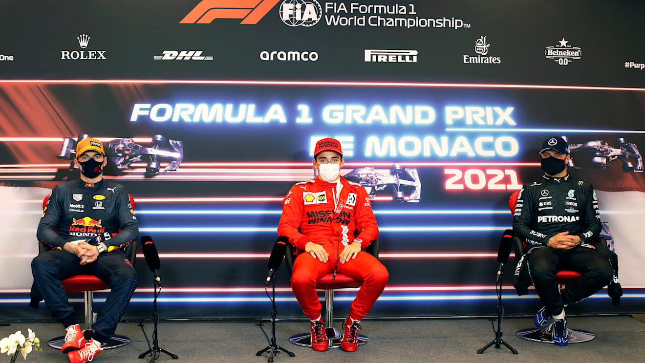 MONTE-CARLO, MONACO - MAY 22: Second placed qualifier Max Verstappen of Netherlands and Red Bull Racing, pole position qualifier Charles Leclerc of Monaco and Ferrari and third placed qualifier Valtteri Bottas of Finland and Mercedes GP talk during a Press Conference after qualifying prior to the F1 Grand Prix of Monaco at Circuit de Monaco on May 22, 2021 in Monte-Carlo, Monaco. (Photo by Zak Mauger - Pool/Getty Images)