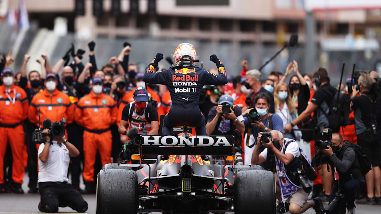 MONTE-CARLO, MONACO - MAY 23: Race winner Max Verstappen of Netherlands and Red Bull Racing celebrates in parc ferme during the F1 Grand Prix of Monaco at Circuit de Monaco on May 23, 2021 in Monte-Carlo, Monaco. (Photo by Lars Baron/Getty Images)