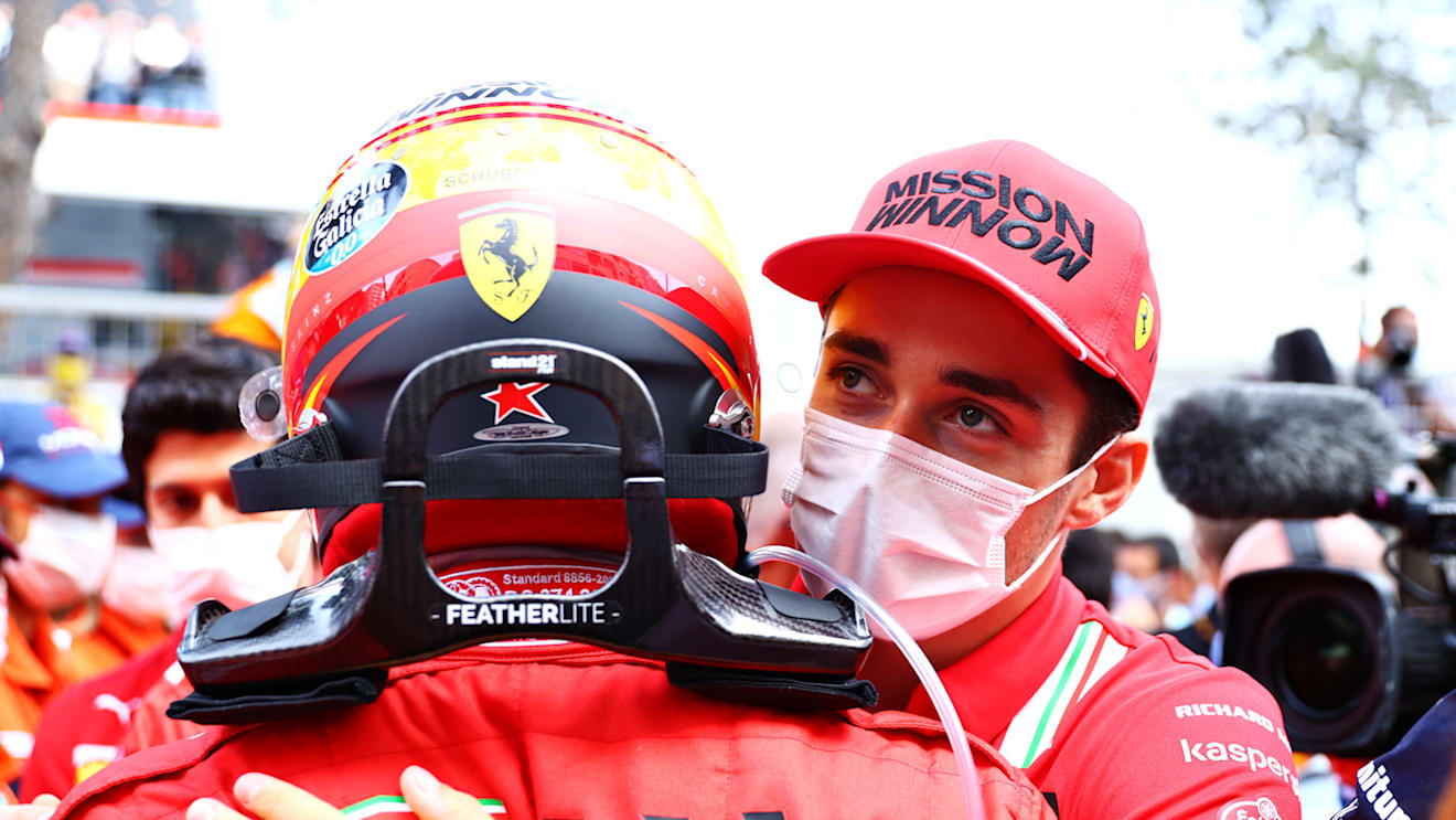 MONTE-CARLO, MONACO - MAY 23: Second placed Carlos Sainz of Spain and Ferrari is congratulated by teammate Charles Leclerc of Monaco and Ferrari in parc ferme during the F1 Grand Prix of Monaco at Circuit de Monaco on May 23, 2021 in Monte-Carlo, Monaco. (Photo by Dan Istitene - Formula 1/Formula 1 via Getty Images)