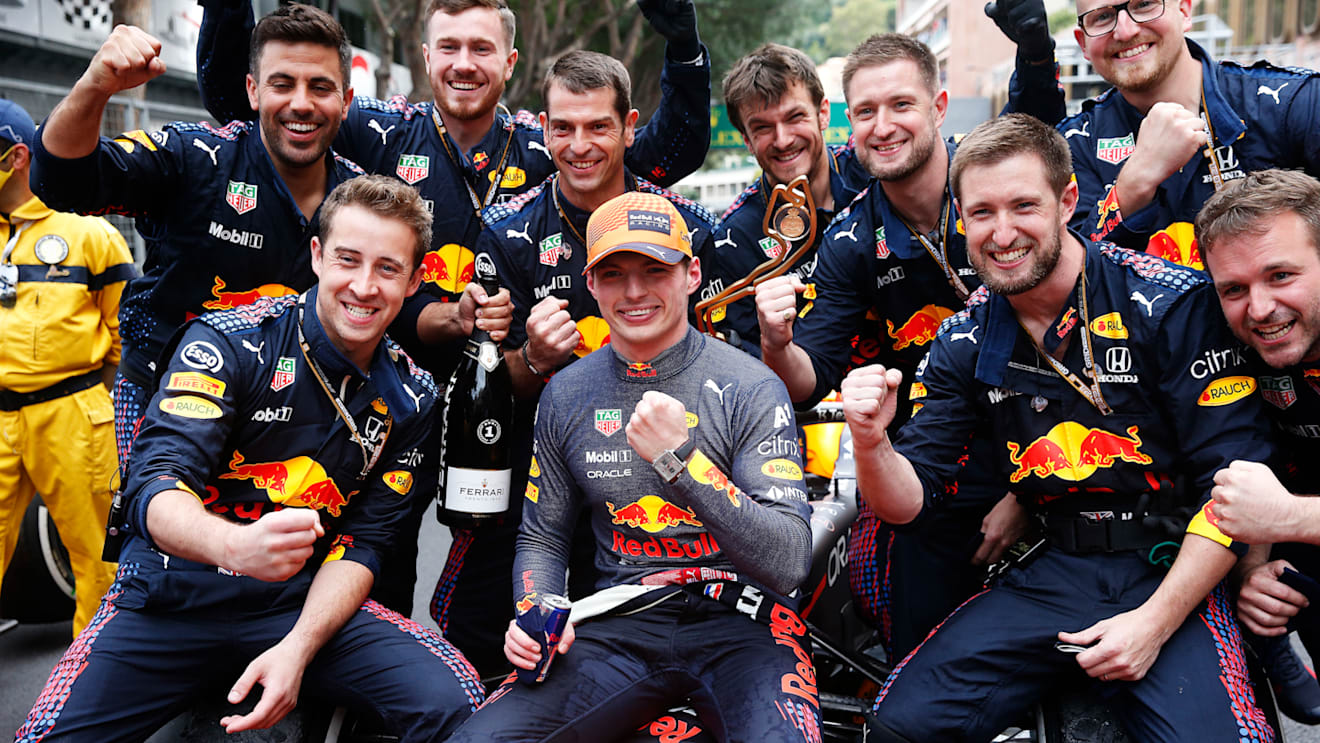 MONTE-CARLO, MONACO - MAY 23: Race winner Max Verstappen of Netherlands and Red Bull Racing celebrates with his team in parc ferme during the F1 Grand Prix of Monaco at Circuit de Monaco on May 23, 2021 in Monte-Carlo, Monaco. (Photo by Sebastian Nogier - Pool/Getty Images)