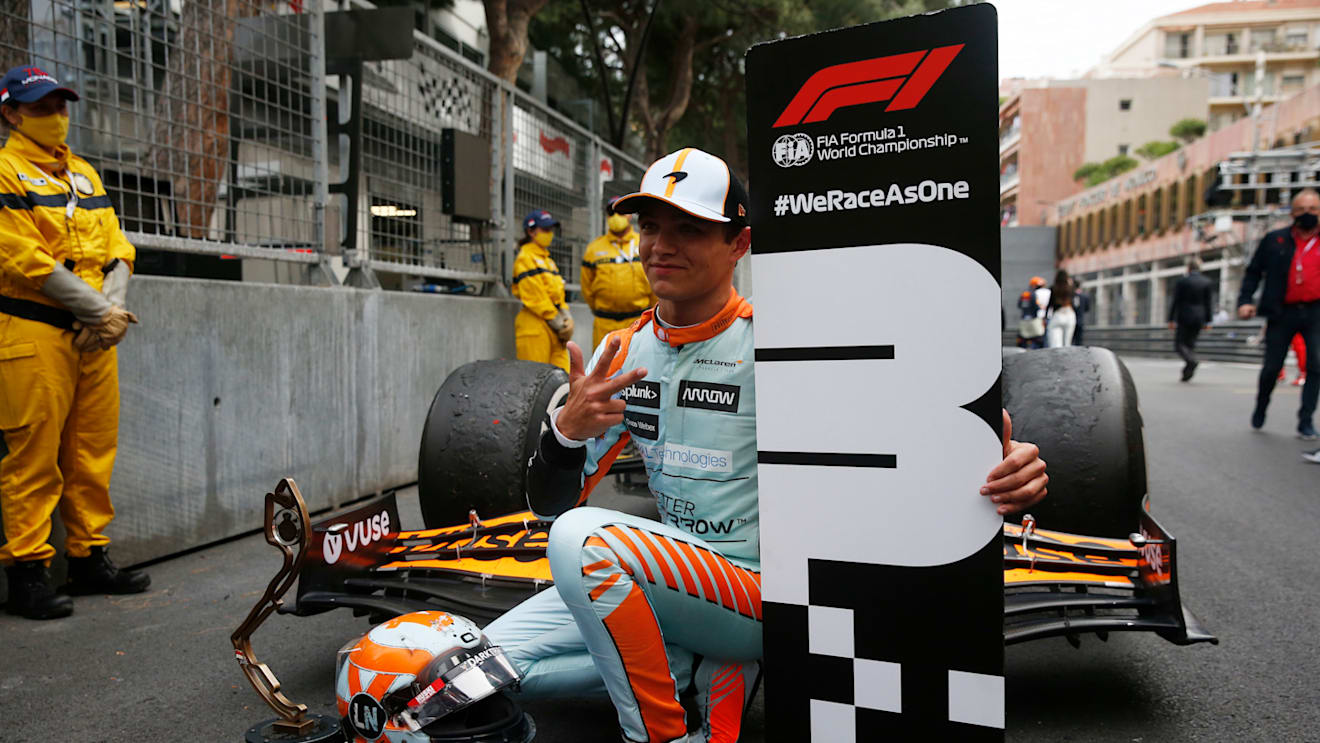 MONTE-CARLO, MONACO - MAY 23: Third placed Lando Norris of Great Britain and McLaren F1 celebrates in parc ferme during the F1 Grand Prix of Monaco at Circuit de Monaco on May 23, 2021 in Monte-Carlo, Monaco. (Photo by Sebastian Nogier - Pool/Getty Images)