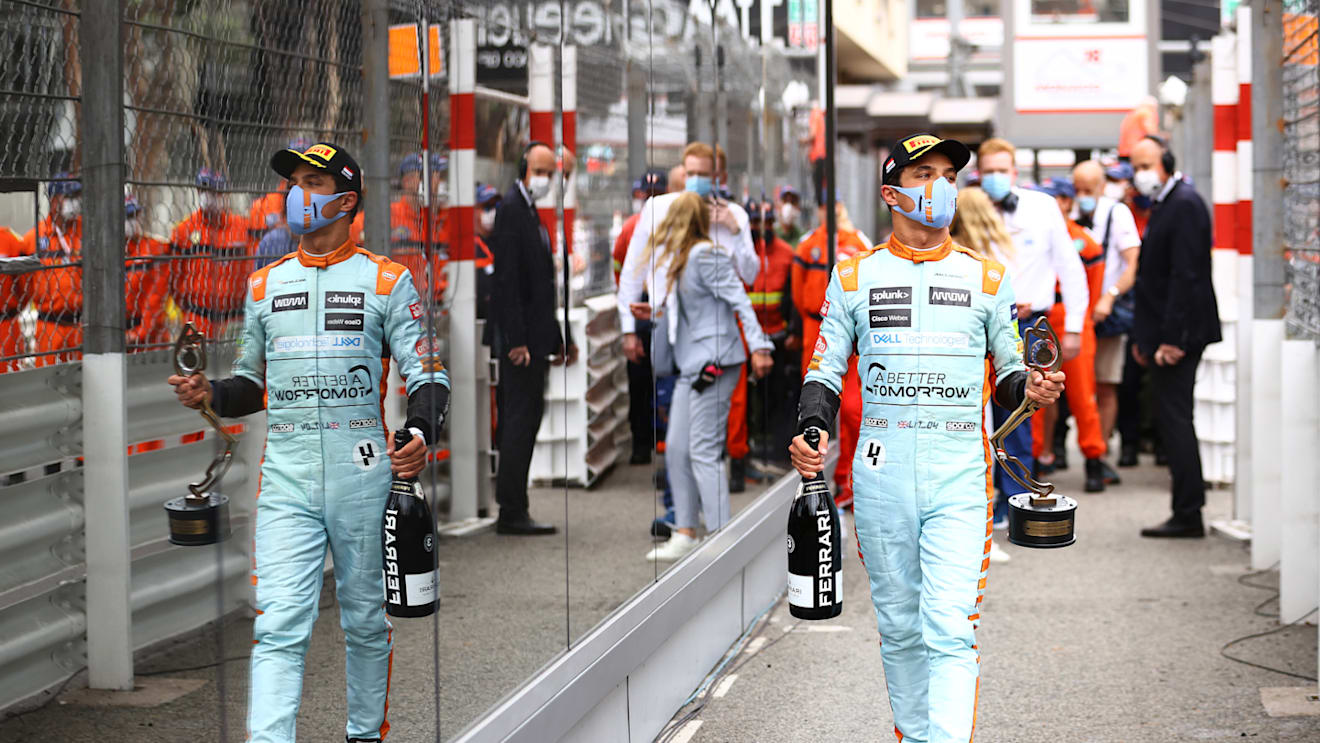 MONTE-CARLO, MONACO - MAY 23: Third placed Lando Norris of Great Britain and McLaren F1 walks in parc ferme after the F1 Grand Prix of Monaco at Circuit de Monaco on May 23, 2021 in Monte-Carlo, Monaco. (Photo by Bryn Lennon/Getty Images)