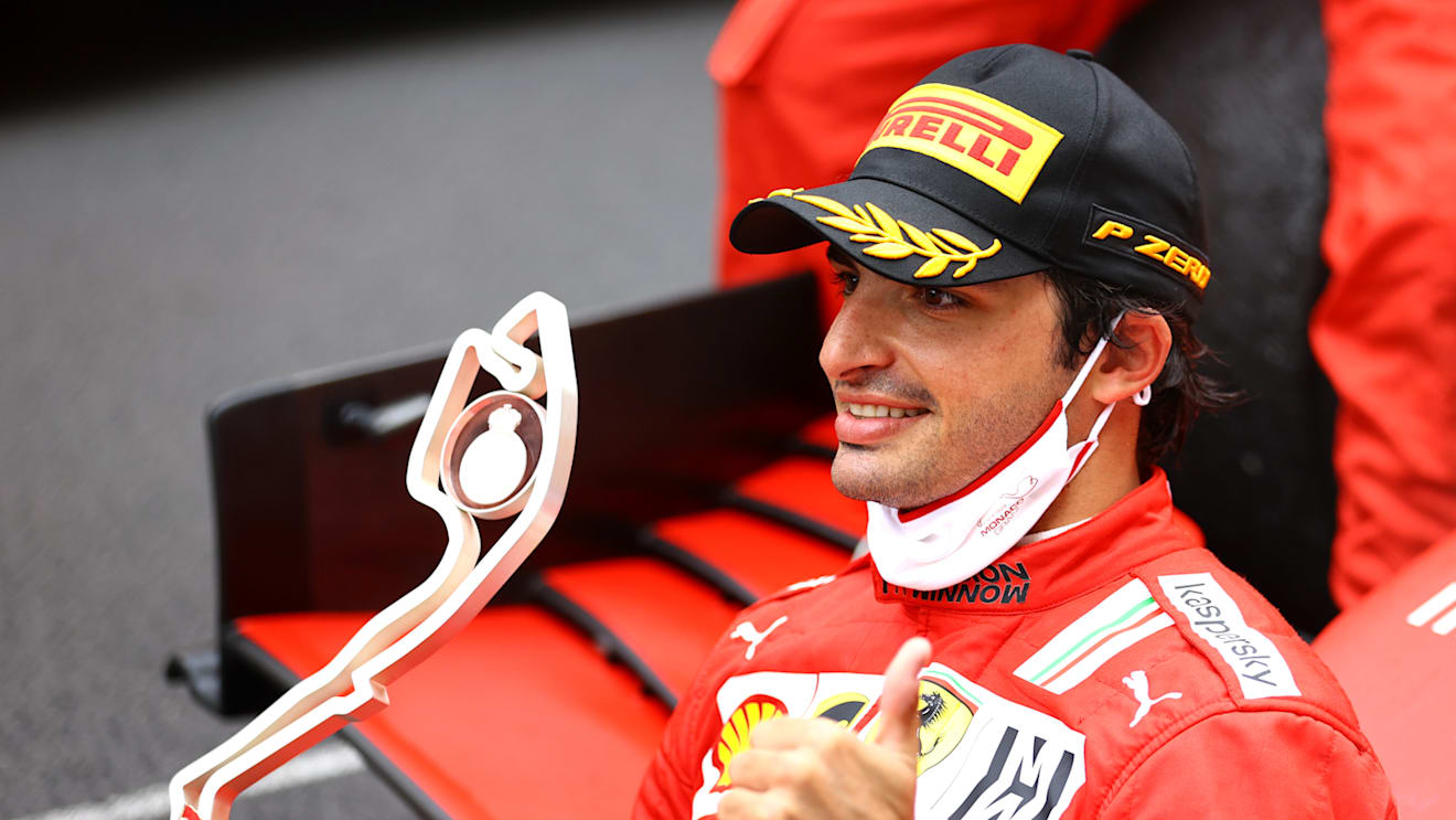 MONTE-CARLO, MONACO - MAY 23: Second placed Carlos Sainz of Spain and Ferrari celebrates in parc ferme during the F1 Grand Prix of Monaco at Circuit de Monaco on May 23, 2021 in Monte-Carlo, Monaco. (Photo by Bryn Lennon/Getty Images)