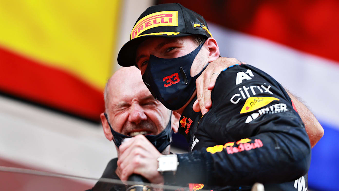 MONTE-CARLO, MONACO - MAY 23: Race winner Max Verstappen of Netherlands and Red Bull Racing and Adrian Newey, the Chief Technical Officer of Red Bull Racing celebrate on the podium during the F1 Grand Prix of Monaco at Circuit de Monaco on May 23, 2021 in Monte-Carlo, Monaco. (Photo by Mark Thompson/Getty Images)