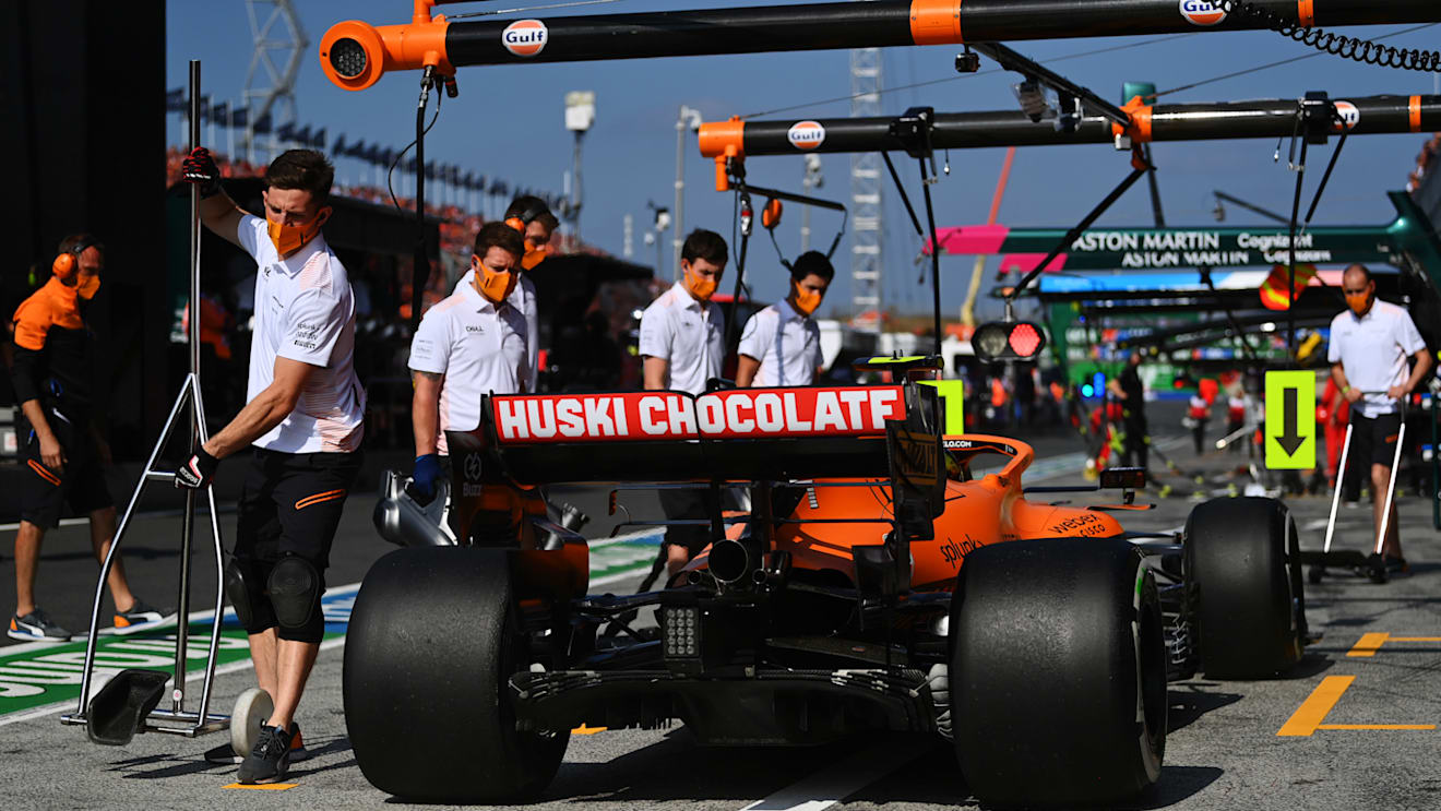 ZANDVOORT, NETHERLANDS - SEPTEMBER 03: Lando Norris of Great Britain driving the (4) McLaren F1 Team MCL35M Mercedes stops in the Pitlane during practice ahead of the F1 Grand Prix of The Netherlands at Circuit Zandvoort on September 03, 2021 in Zandvoort, Netherlands. (Photo by Dan Mullan/Getty Images)