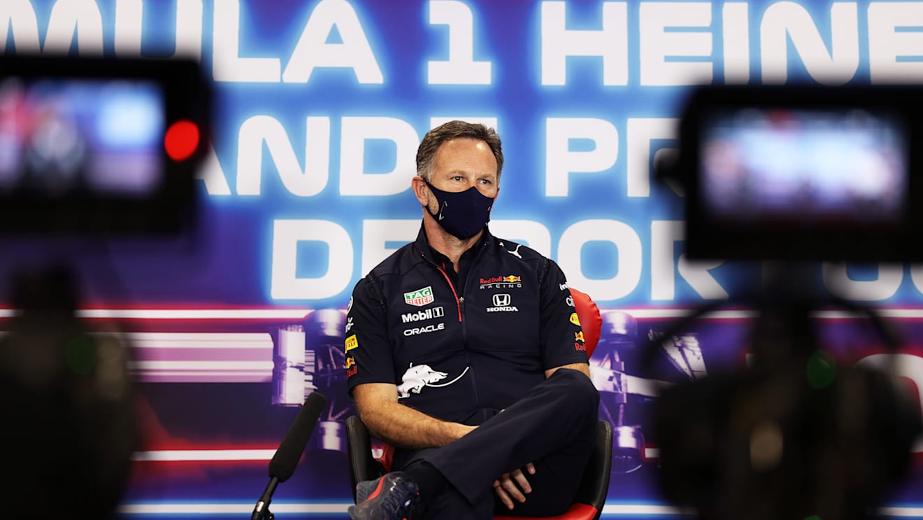 PORTIMAO, PORTUGAL - APRIL 30: Red Bull Racing Team Principal Christian Horner talks in the Team Principals Press Conference during practice ahead of the F1 Grand Prix of Portugal at Autodromo Internacional Do Algarve on April 30, 2021 in Portimao, Portugal. (Photo by Lars Baron/Getty Images)
