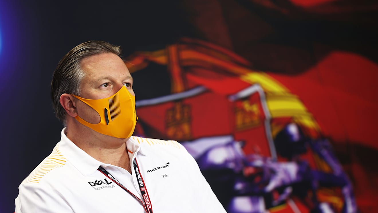 PORTIMAO, PORTUGAL - APRIL 30: McLaren Chief Executive Officer Zak Brown talks in the Team Principals Press Conference during practice ahead of the F1 Grand Prix of Portugal at Autodromo Internacional Do Algarve on April 30, 2021 in Portimao, Portugal. (Photo by Lars Baron/Getty Images)