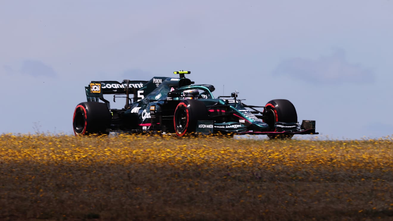 PORTIMAO, PORTUGAL - APRIL 30: Sebastian Vettel of Germany driving the (5) Aston Martin AMR21 Mercedes on track during practice ahead of the F1 Grand Prix of Portugal at Autodromo Internacional Do Algarve on April 30, 2021 in Portimao, Portugal. (Photo by Lars Baron/Getty Images)