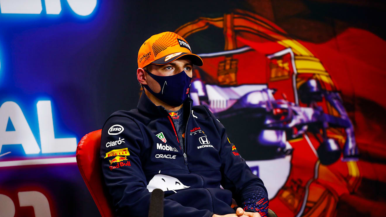 PORTIMAO, PORTUGAL - MAY 01: Third placed qualifier Max Verstappen of Netherlands and Red Bull Racing talks during a Press Conference after qualifying for the F1 Grand Prix of Portugal at Autodromo Internacional Do Algarve on May 01, 2021 in Portimao, Portugal. (Photo by Xavier Bonilla - Pool/Getty Images)