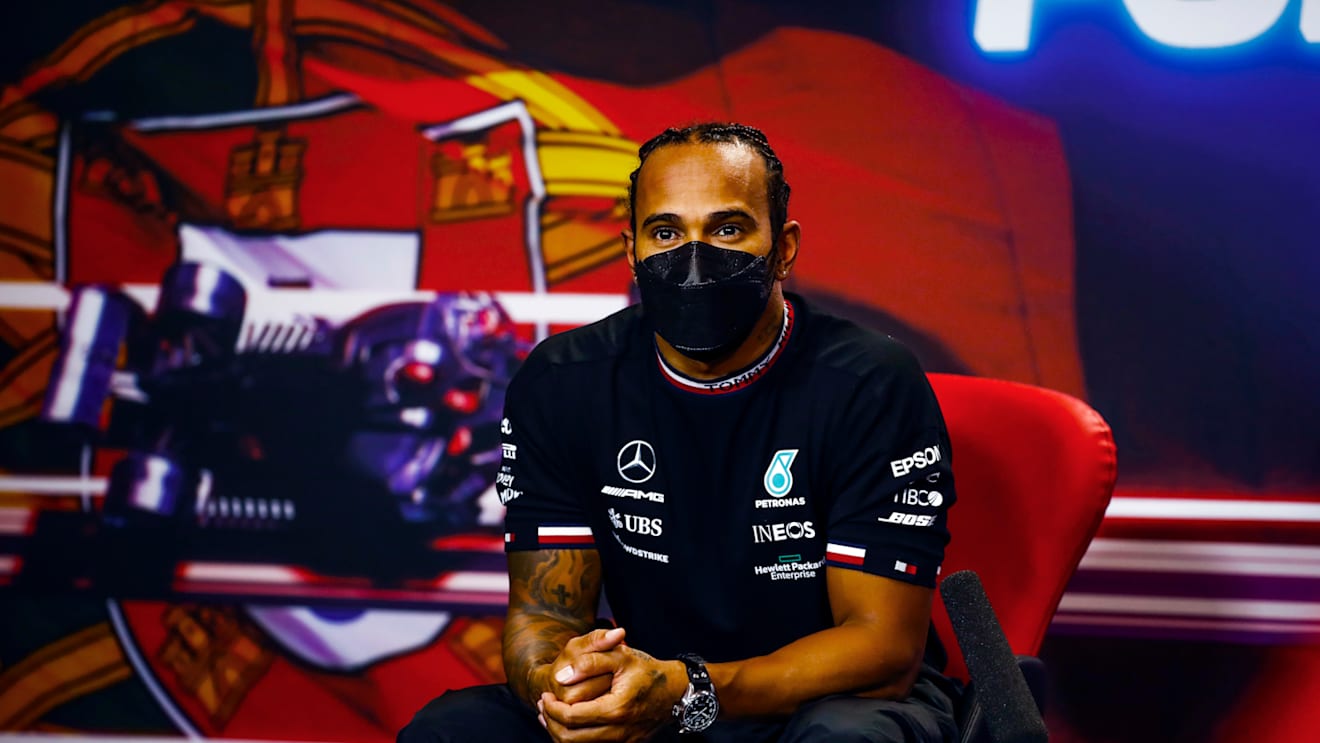 PORTIMAO, PORTUGAL - MAY 01: Second placed qualifier Lewis Hamilton of Great Britain and Mercedes GP talks during a Press Conference after qualifying for the F1 Grand Prix of Portugal at Autodromo Internacional Do Algarve on May 01, 2021 in Portimao, Portugal. (Photo by Xavier Bonilla - Pool/Getty Images)