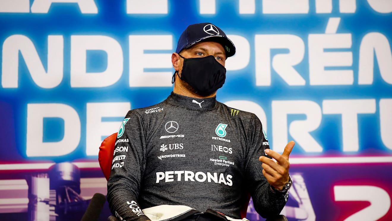 PORTIMAO, PORTUGAL - MAY 01: Pole position qualifier Valtteri Bottas of Finland and Mercedes GP talks during a Press Conference after qualifying for the F1 Grand Prix of Portugal at Autodromo Internacional Do Algarve on May 01, 2021 in Portimao, Portugal. (Photo by Xavier Bonilla - Pool/Getty Images)