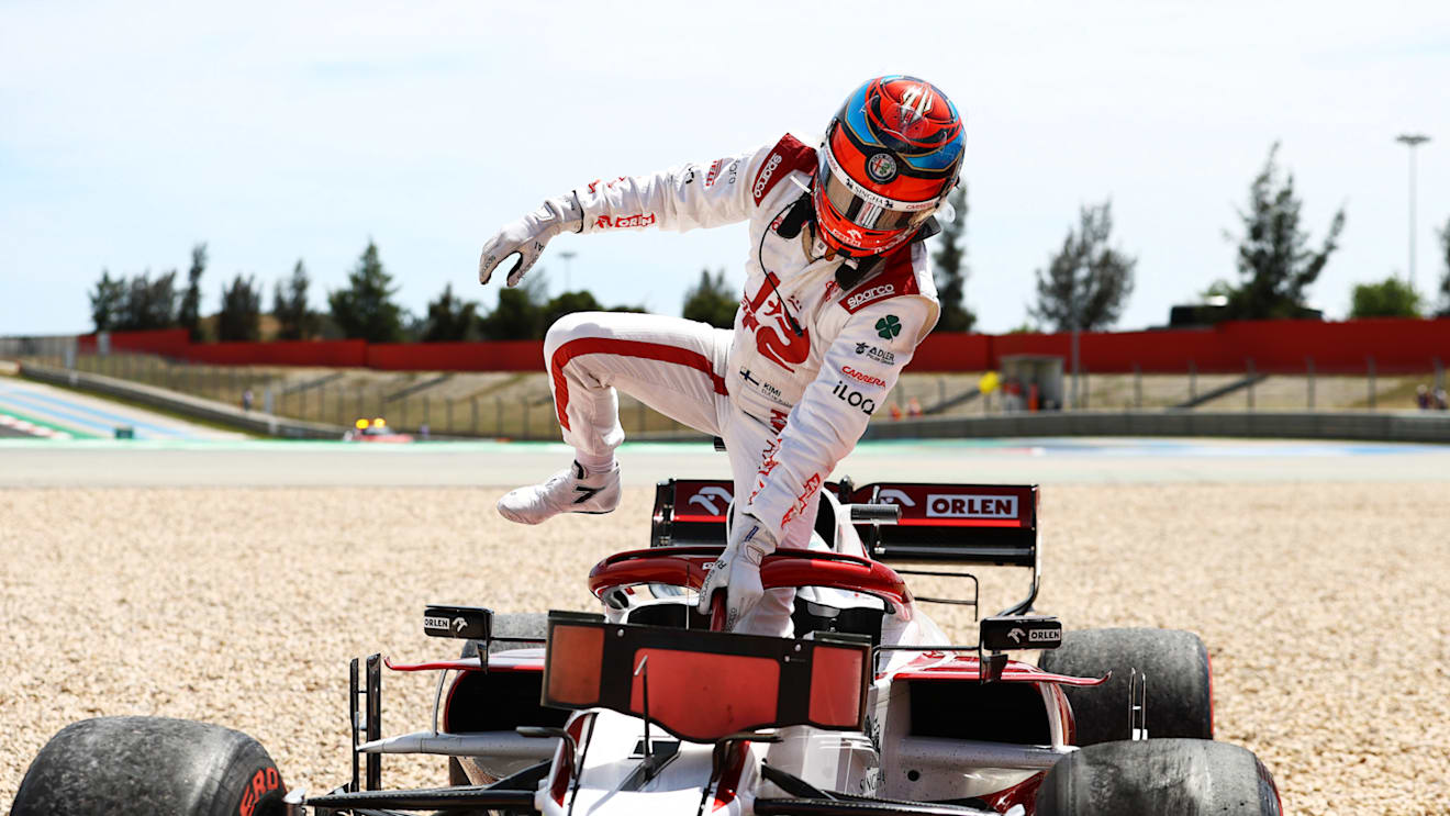 PORTIMAO, PORTUGAL - MAY 02: Kimi Raikkonen of Finland and Alfa Romeo Racing climbs out of his car after stopping in the gravel during the F1 Grand Prix of Portugal at Autodromo Internacional Do Algarve on May 02, 2021 in Portimao, Portugal. (Photo by Bryn Lennon/Getty Images)