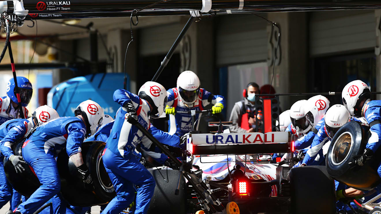 PORTIMAO, PORTUGAL - MAY 02: Nikita Mazepin of Russia driving the (9) Haas F1 Team VF-21 Ferrari comes in for a tyre change during the F1 Grand Prix of Portugal at Autodromo Internacional Do Algarve on May 02, 2021 in Portimao, Portugal. (Photo by Peter Fox/Getty Images)