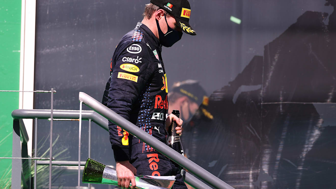 PORTIMAO, PORTUGAL - MAY 02: Second placed Max Verstappen of Netherlands and Red Bull Racing walks off the podium after the the F1 Grand Prix of Portugal at Autodromo Internacional Do Algarve on May 02, 2021 in Portimao, Portugal. (Photo by Lars Baron/Getty Images)