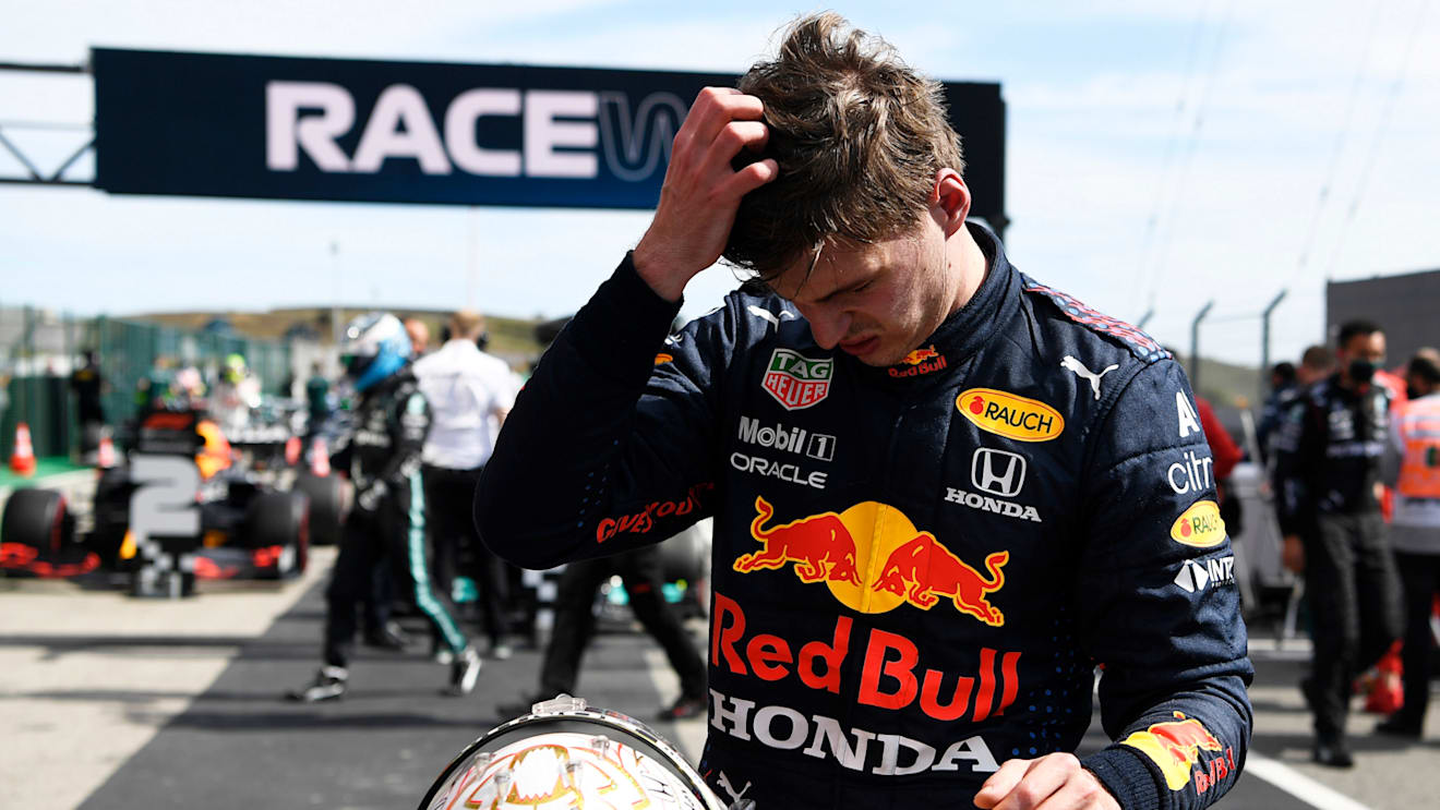 PORTIMAO, PORTUGAL - MAY 02: Second placed Max Verstappen of Netherlands and Red Bull Racing reacts in parc ferme after the F1 Grand Prix of Portugal at Autodromo Internacional Do Algarve on May 02, 2021 in Portimao, Portugal. (Photo by Gabriel Bouys - Pool/Getty Images)