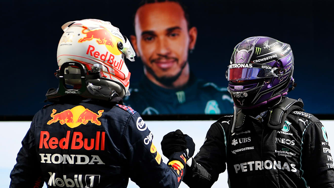 PORTIMAO, PORTUGAL - MAY 02: Race winner Lewis Hamilton of Great Britain and Mercedes GP interacts with second placed Max Verstappen of Netherlands and Red Bull Racing in parc ferme after the F1 Grand Prix of Portugal at Autodromo Internacional Do Algarve on May 02, 2021 in Portimao, Portugal. (Photo by Gabriel Bouys - Pool/Getty Images)