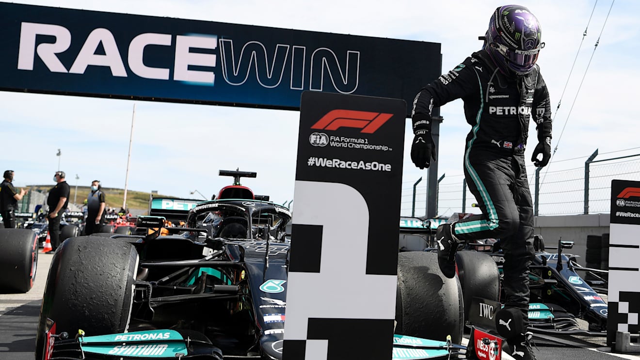 PORTIMAO, PORTUGAL - MAY 02: Race winner Lewis Hamilton of Great Britain and Mercedes GP celebrates in parc ferme after the F1 Grand Prix of Portugal at Autodromo Internacional Do Algarve on May 02, 2021 in Portimao, Portugal. (Photo by Gabriel Bouys - Pool/Getty Images)