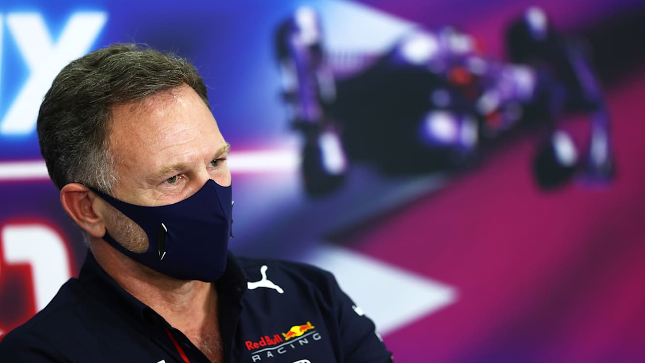 DOHA, QATAR - NOVEMBER 19: Red Bull Racing Team Principal Christian Horner talks in the Team Principals Press Conference during practice ahead of the F1 Grand Prix of Qatar at Losail International Circuit on November 19, 2021 in Doha, Qatar. (Photo by Dan Istitene/Getty Images)