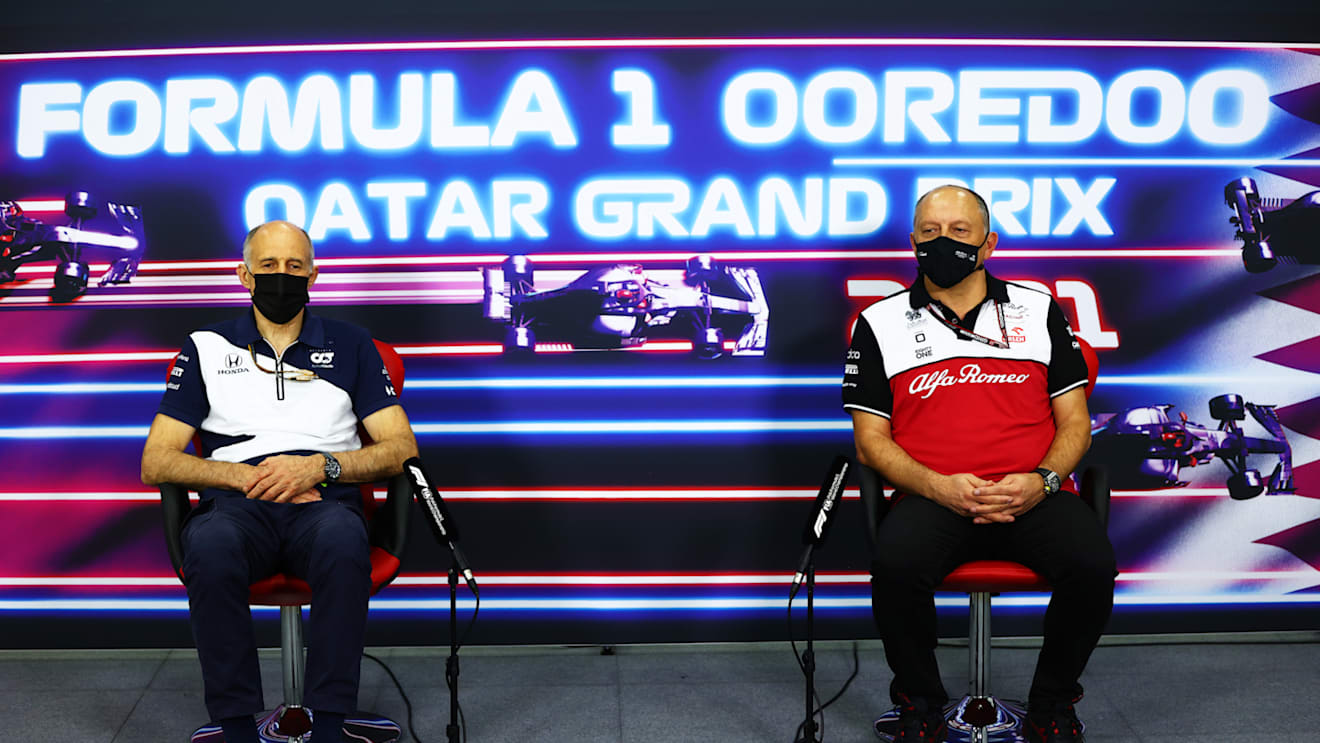 DOHA, QATAR - NOVEMBER 19: Scuderia AlphaTauri Team Principal Franz Tost and Alfa Romeo Racing Team Principal Frederic Vasseur talk in the Team Principals Press Conference during practice ahead of the F1 Grand Prix of Qatar at Losail International Circuit on November 19, 2021 in Doha, Qatar. (Photo by Dan Istitene/Getty Images)