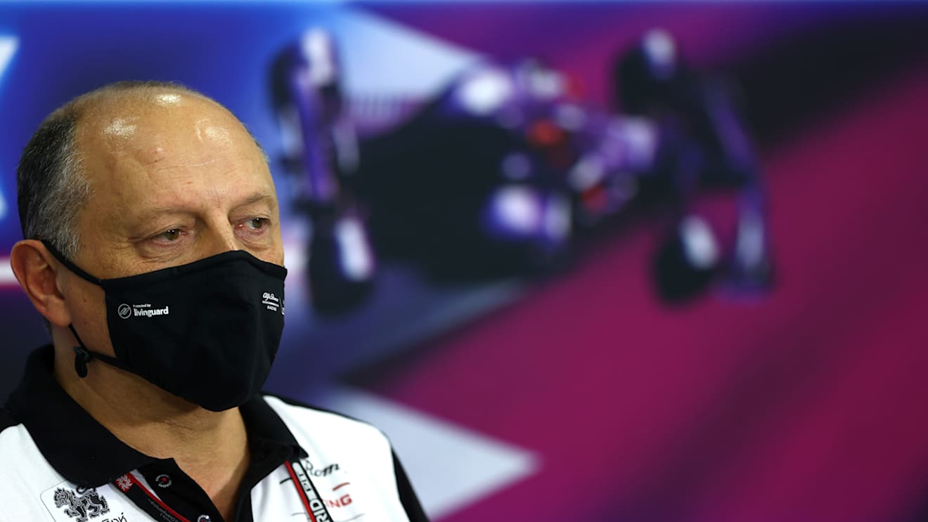 DOHA, QATAR - NOVEMBER 19: Alfa Romeo Racing Team Principal Frederic Vasseur talks in the Team Principals Press Conference during practice ahead of the F1 Grand Prix of Qatar at Losail International Circuit on November 19, 2021 in Doha, Qatar. (Photo by Dan Istitene/Getty Images)