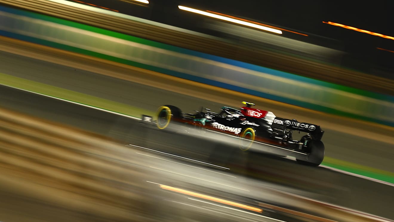 DOHA, QATAR - NOVEMBER 19: Valtteri Bottas of Finland driving the (77) Mercedes AMG Petronas F1 Team Mercedes W12 during practice ahead of the F1 Grand Prix of Qatar at Losail International Circuit on November 19, 2021 in Doha, Qatar. (Photo by Clive Mason/Getty Images)