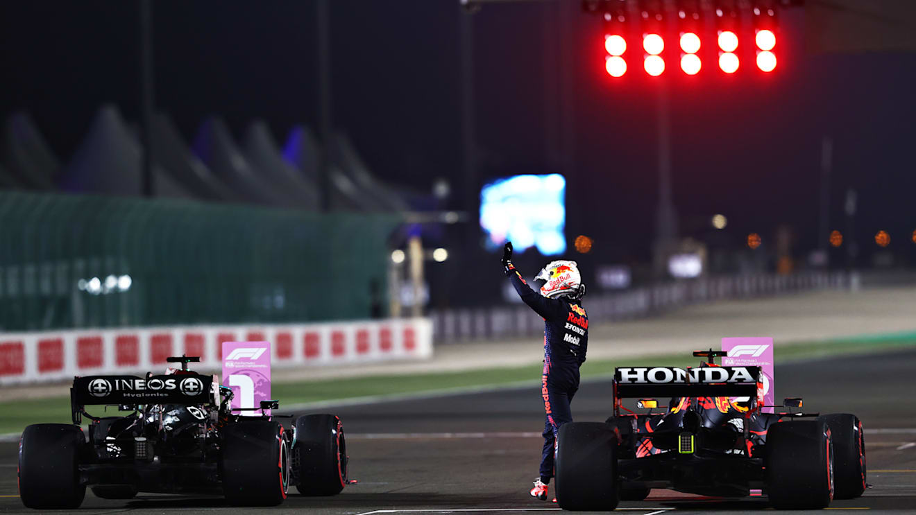 DOHA, QATAR - NOVEMBER 20: Second place qualifier Max Verstappen of Netherlands and Red Bull Racing celebrates in parc ferme during qualifying ahead of the F1 Grand Prix of Qatar at Losail International Circuit on November 20, 2021 in Doha, Qatar. (Photo by Mark Thompson/Getty Images)