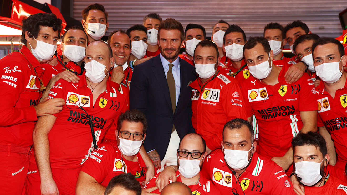 DOHA, QATAR - NOVEMBER 21: David Beckham poses for a photo with the Ferrari team before the F1 Grand Prix of Qatar at Losail International Circuit on November 21, 2021 in Doha, Qatar. (Photo by Dan Istitene - Formula 1/Formula 1 via Getty Images)