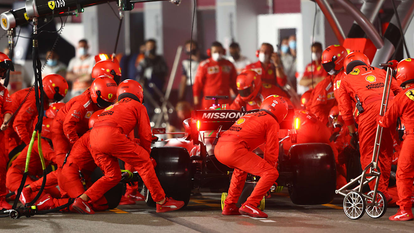 DOHA, QATAR - NOVEMBER 21: Charles Leclerc of Monaco driving the (16) Scuderia Ferrari SF21 makes a pitstop during the F1 Grand Prix of Qatar at Losail International Circuit on November 21, 2021 in Doha, Qatar. (Photo by Dan Istitene - Formula 1/Formula 1 via Getty Images)