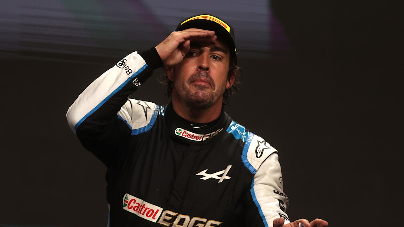 DOHA, QATAR - NOVEMBER 21: Third placed Fernando Alonso of Spain and Alpine F1 Team celebrates on the podium during the F1 Grand Prix of Qatar at Losail International Circuit on November 21, 2021 in Doha, Qatar. (Photo by Lars Baron/Getty Images)